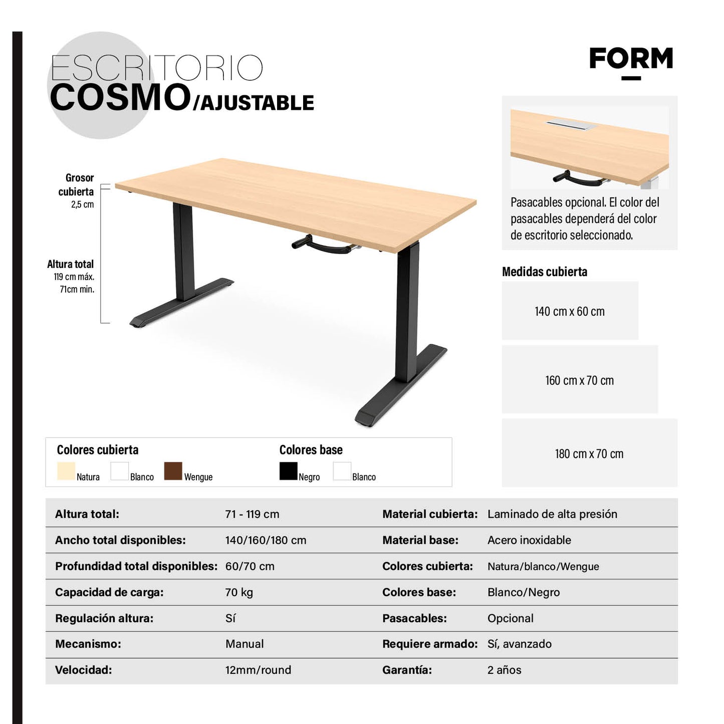 Escritorio Cosmo 180x70 Ajustable con Pasacables