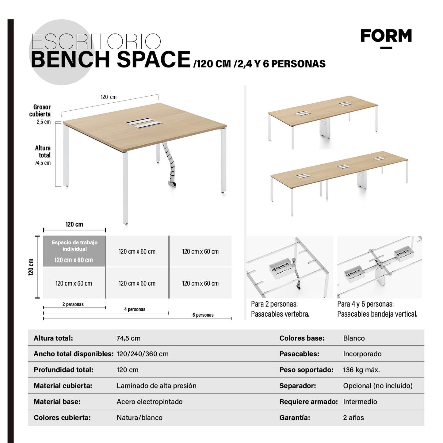Escritorio Space con pasacables 120 Bench Natura/Blanco 2 pers