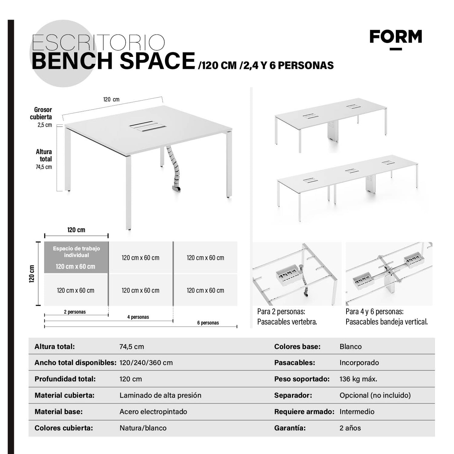 Escritorio Space con pasacables 120 Bench Blanco/Blanco 6 pers