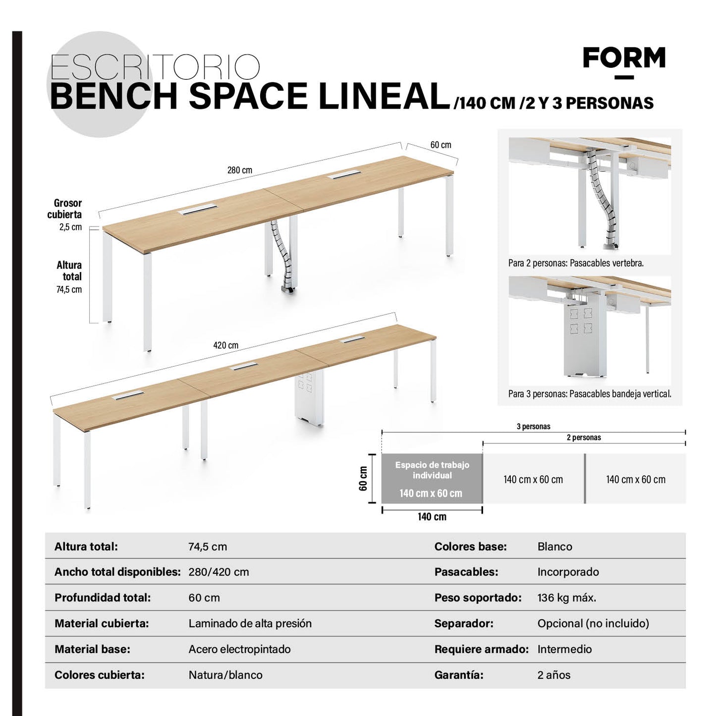 Escritorio Space con pasacables 140 Bench Lineal Natura/Blanco 2 pers