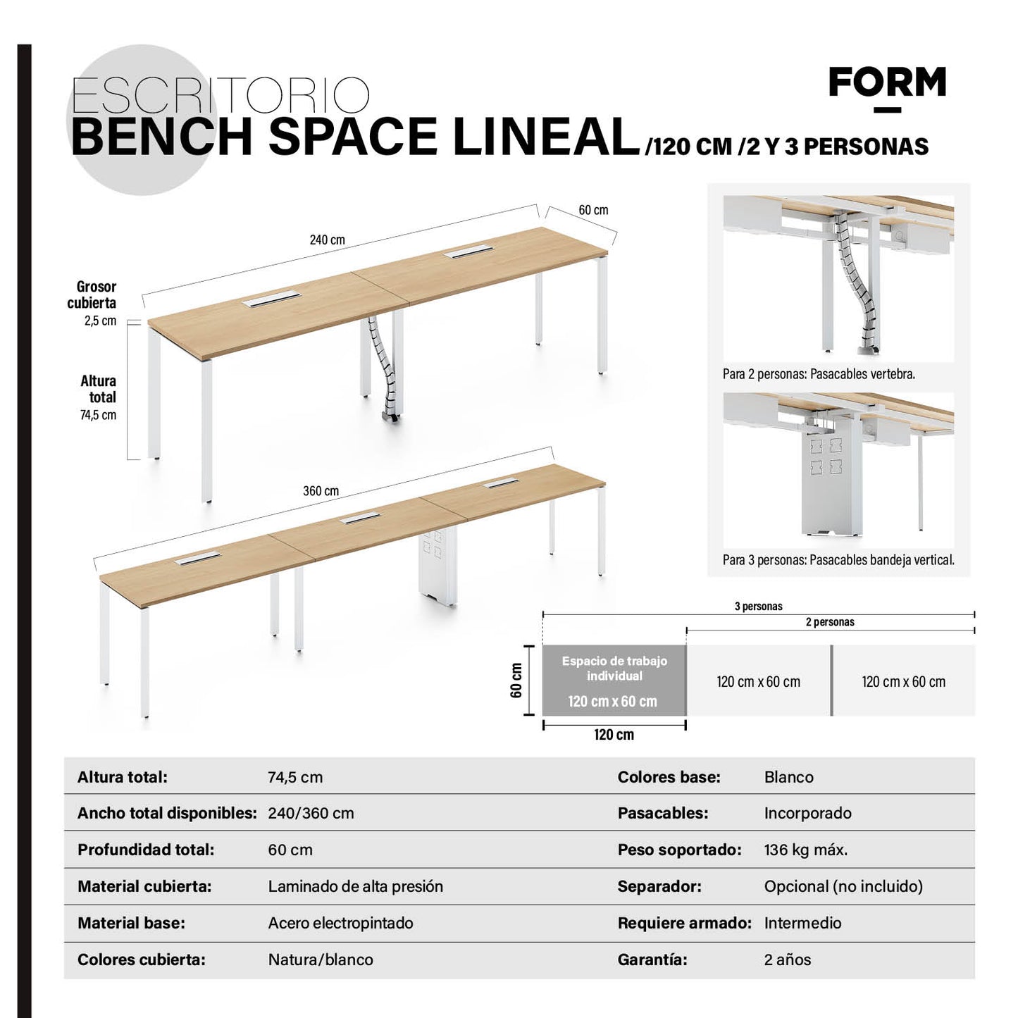 Escritorio Space con pasacables 120 Bench Lineal Natura/Blanco 3 pers