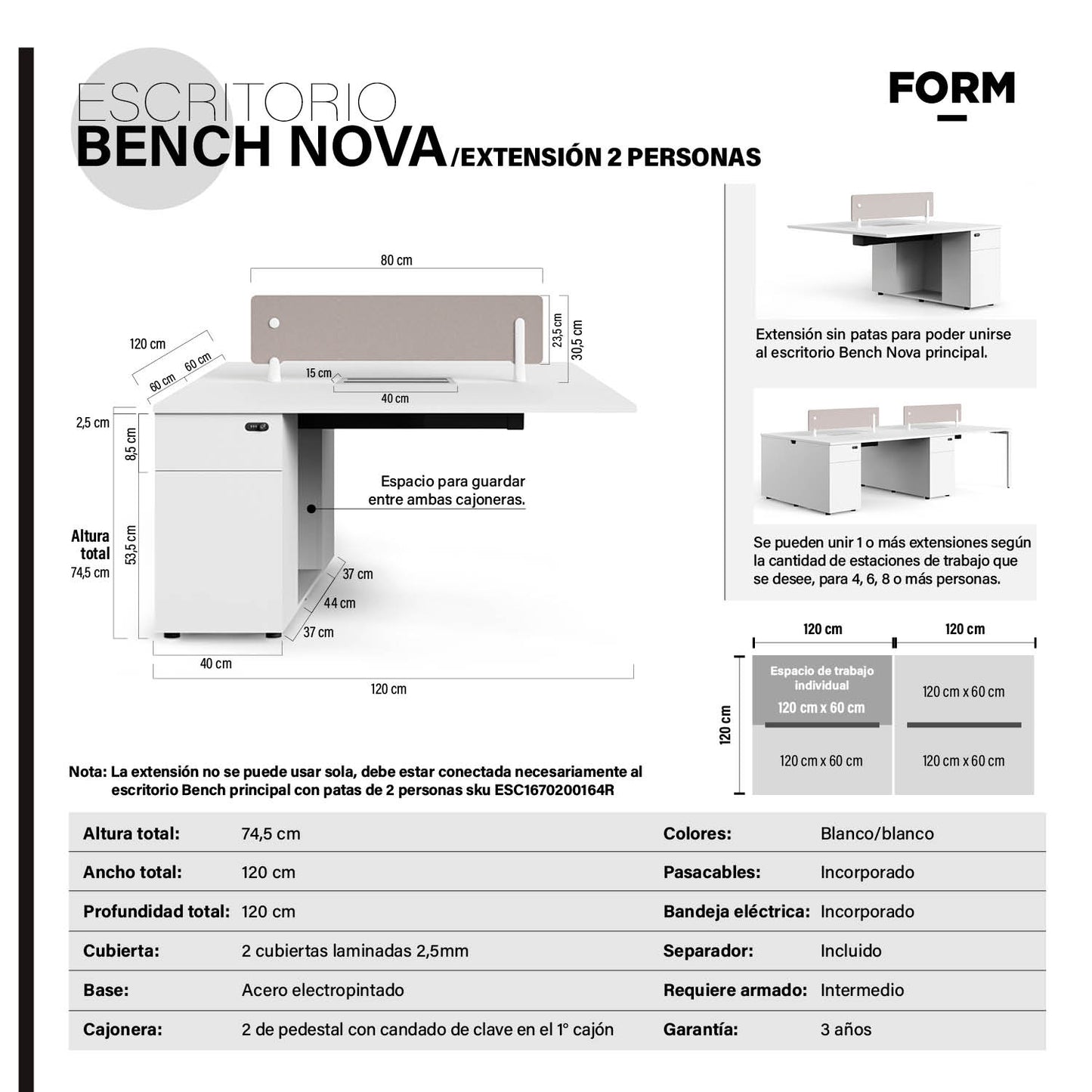 Escritorio Nova Extensión 120 Bench 2 pers Blanco/Blanco