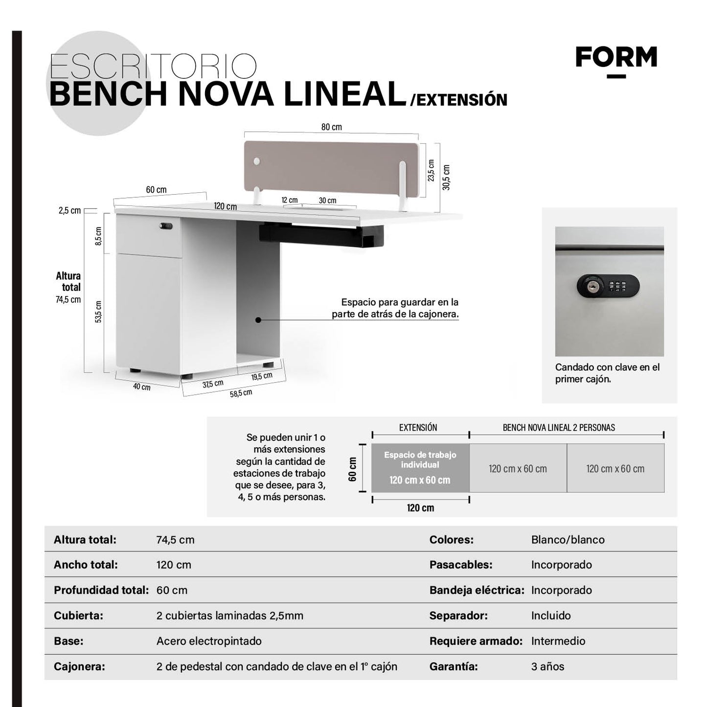 Escritorio Nova Extensión 120 Bench Lineal 1 pers Blanco/Blanco
