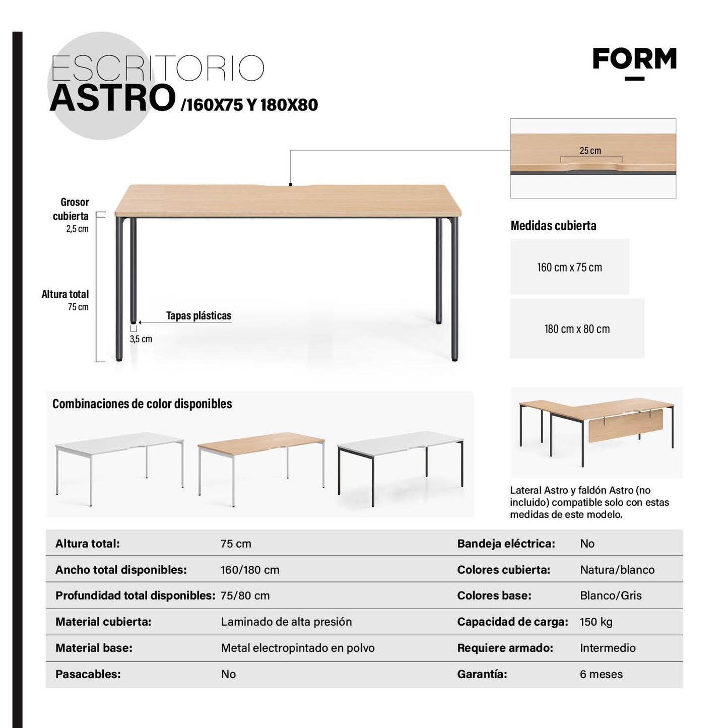 Escritorio Astro 180x80 Natura/Blanco