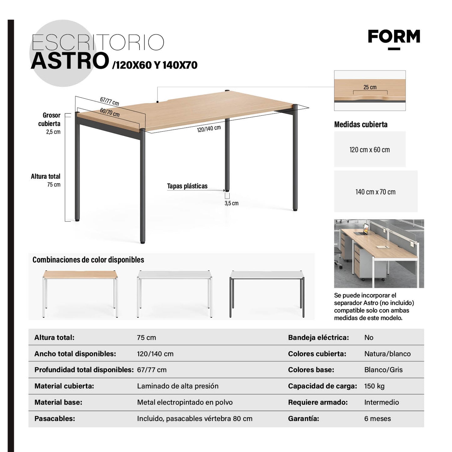 Escritorio Astro 140x70 Natura/Blanco