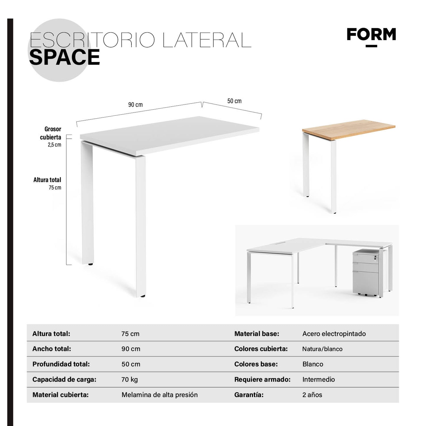 Lateral para Escritorio Space 50x90 Blanco