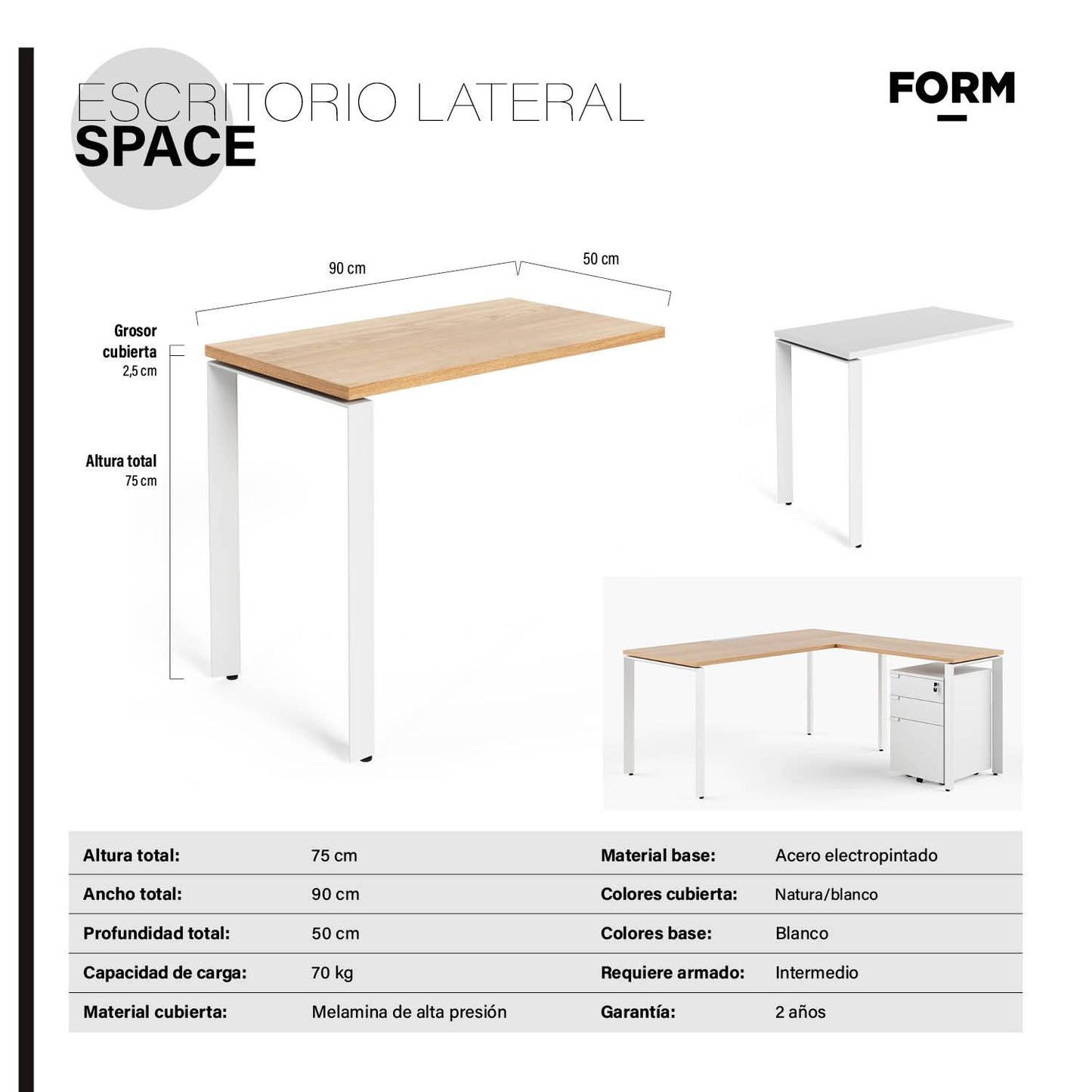 Lateral para Escritorio Space 50x90 Natura/Blanco