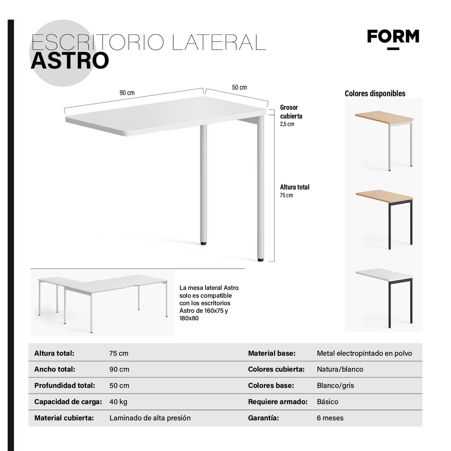 Escritorio Lateral Astro 50x90 Blanco/Blanco