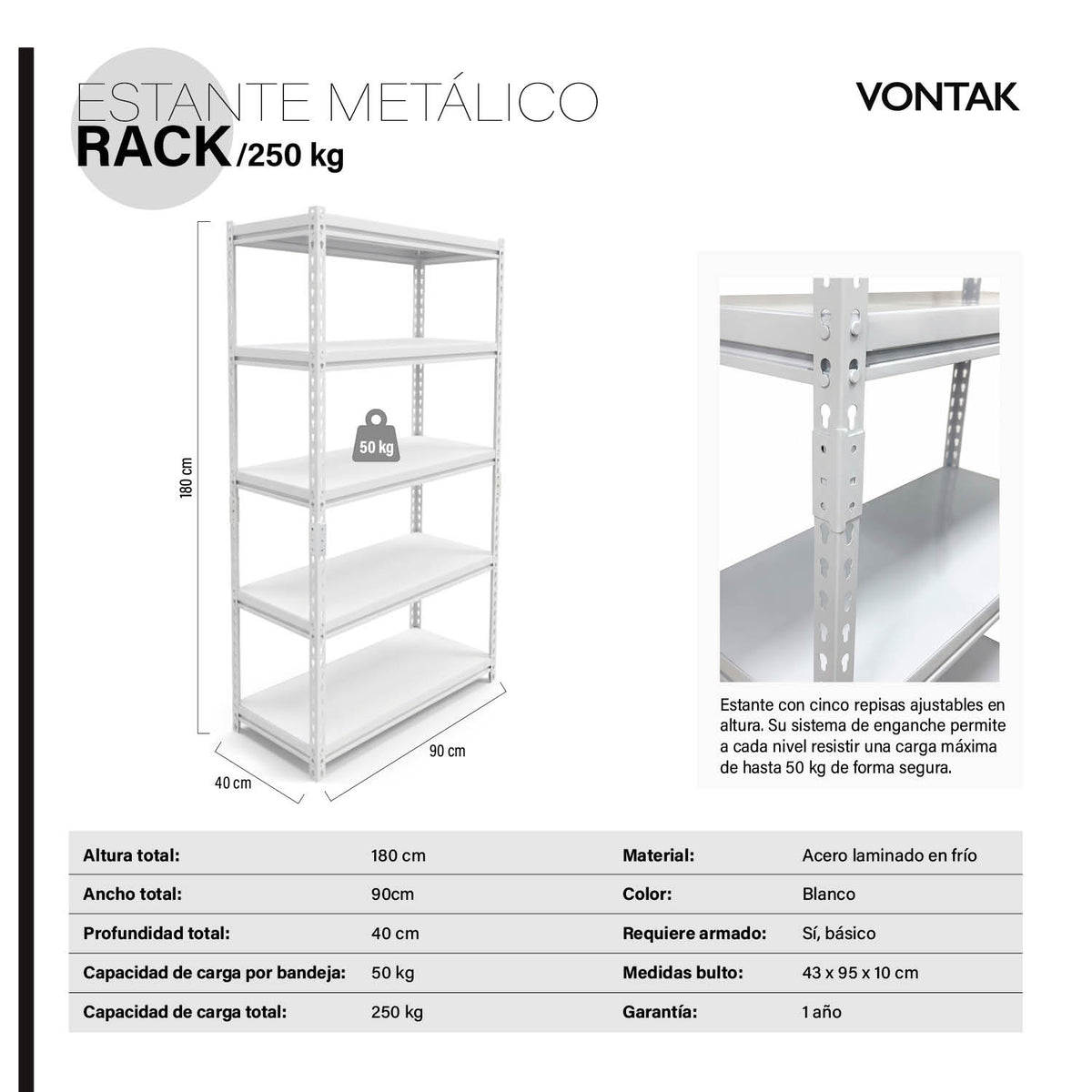Estante Metálico Rack 90x40x180 250 Kg