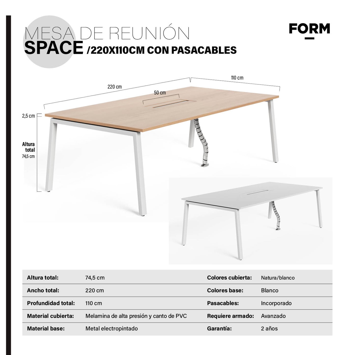 Mesa de Reunión Space con pasacables 220x110 Natura/Blanco