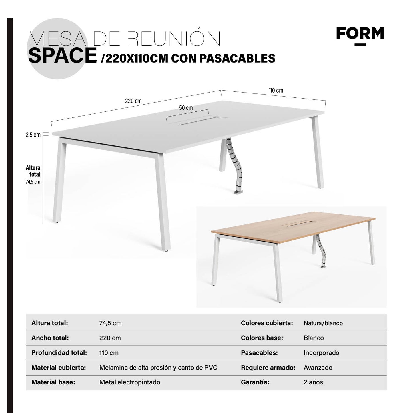 Mesa de Reunión Space con pasacables 220x110 Blanco