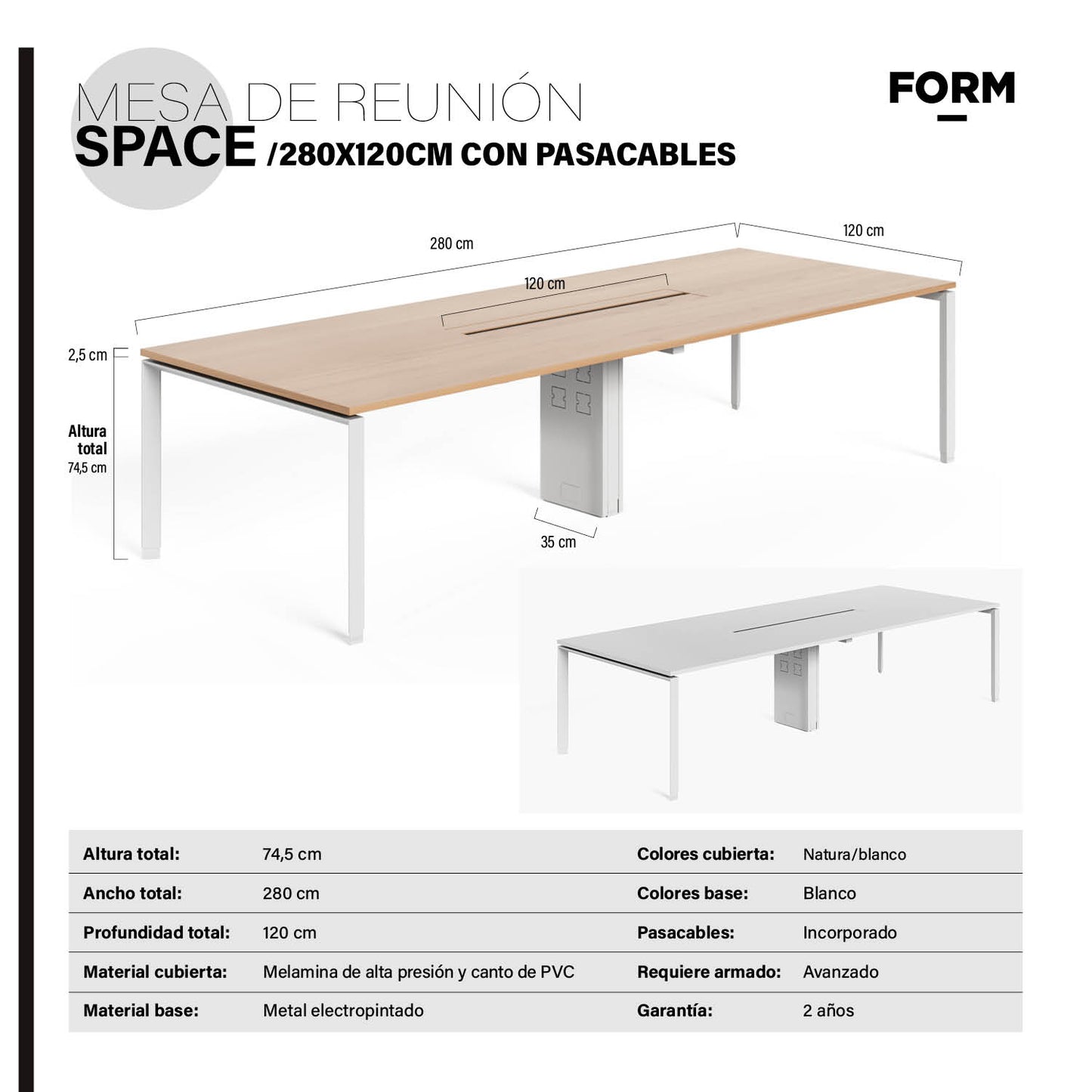 Mesa de Reunión Space con pasacables 280x120 Natura/Blanco