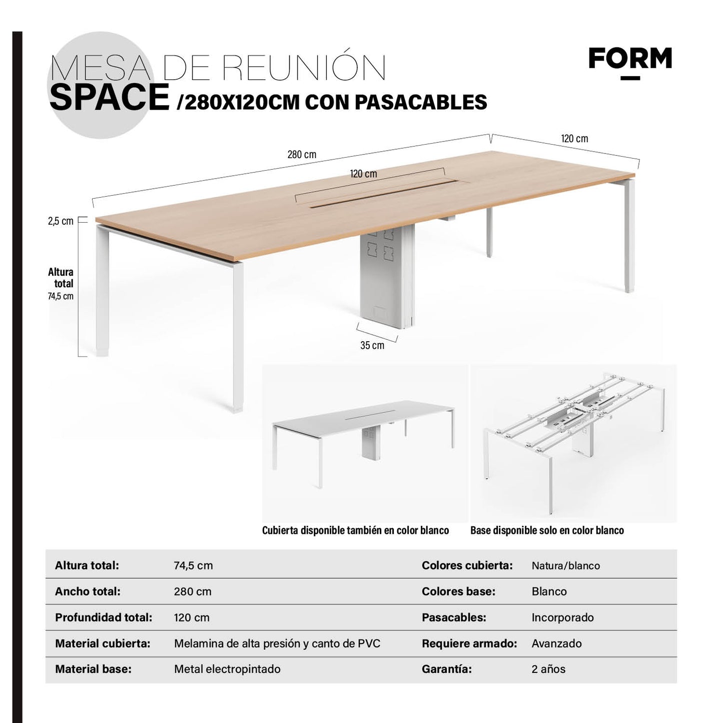 Mesa de Reunión Space con pasacables 280x120 Natura/Blanco