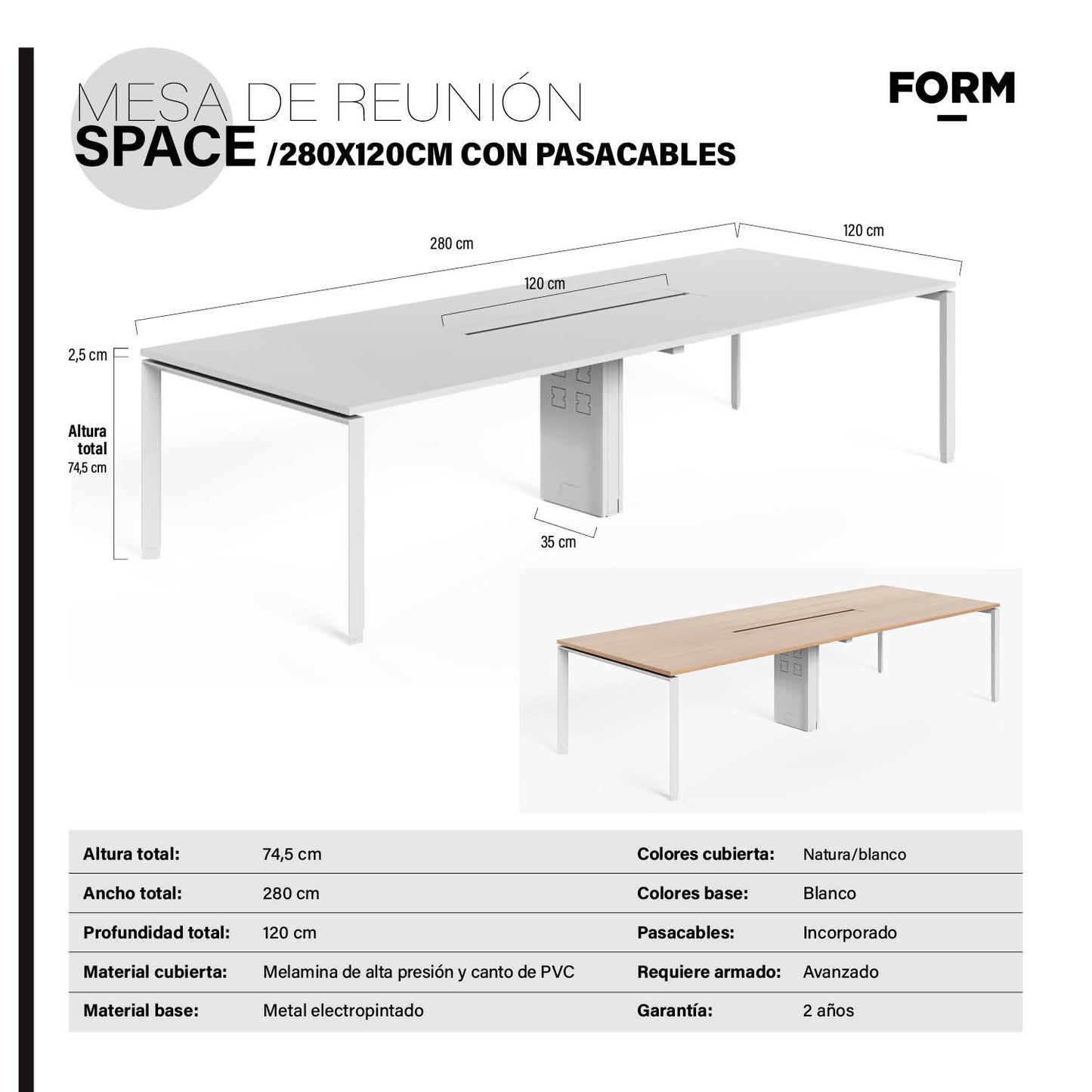 Mesa de Reunión Space con pasacables 280x120 Blanco