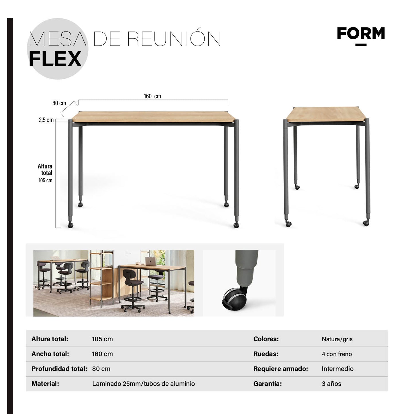 Mesa de Reunión Flex 160x80 Natura/Gris