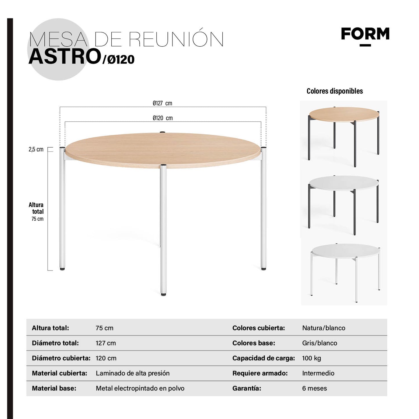 Mesa Oficina Reunión Astro 120D Blanco/Gris