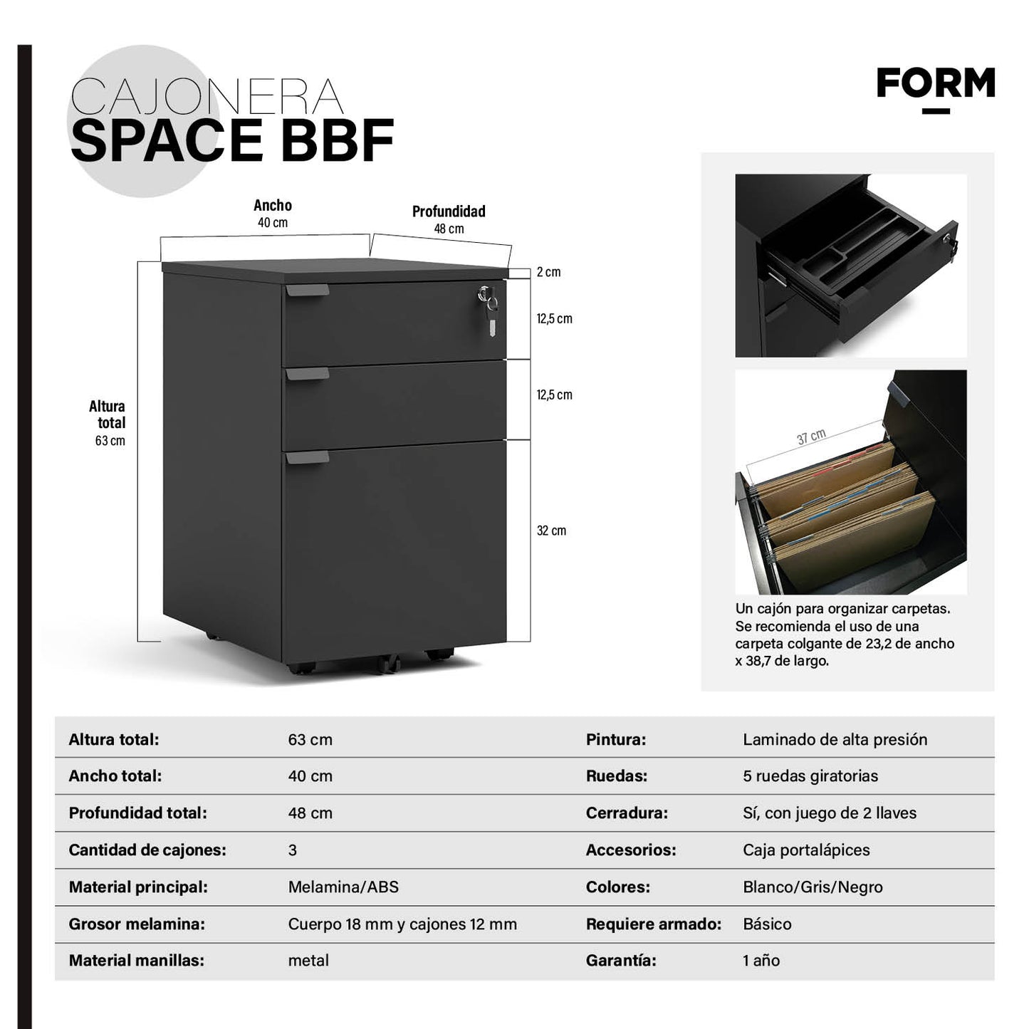 Cajonera Melamina Space BBF Negro