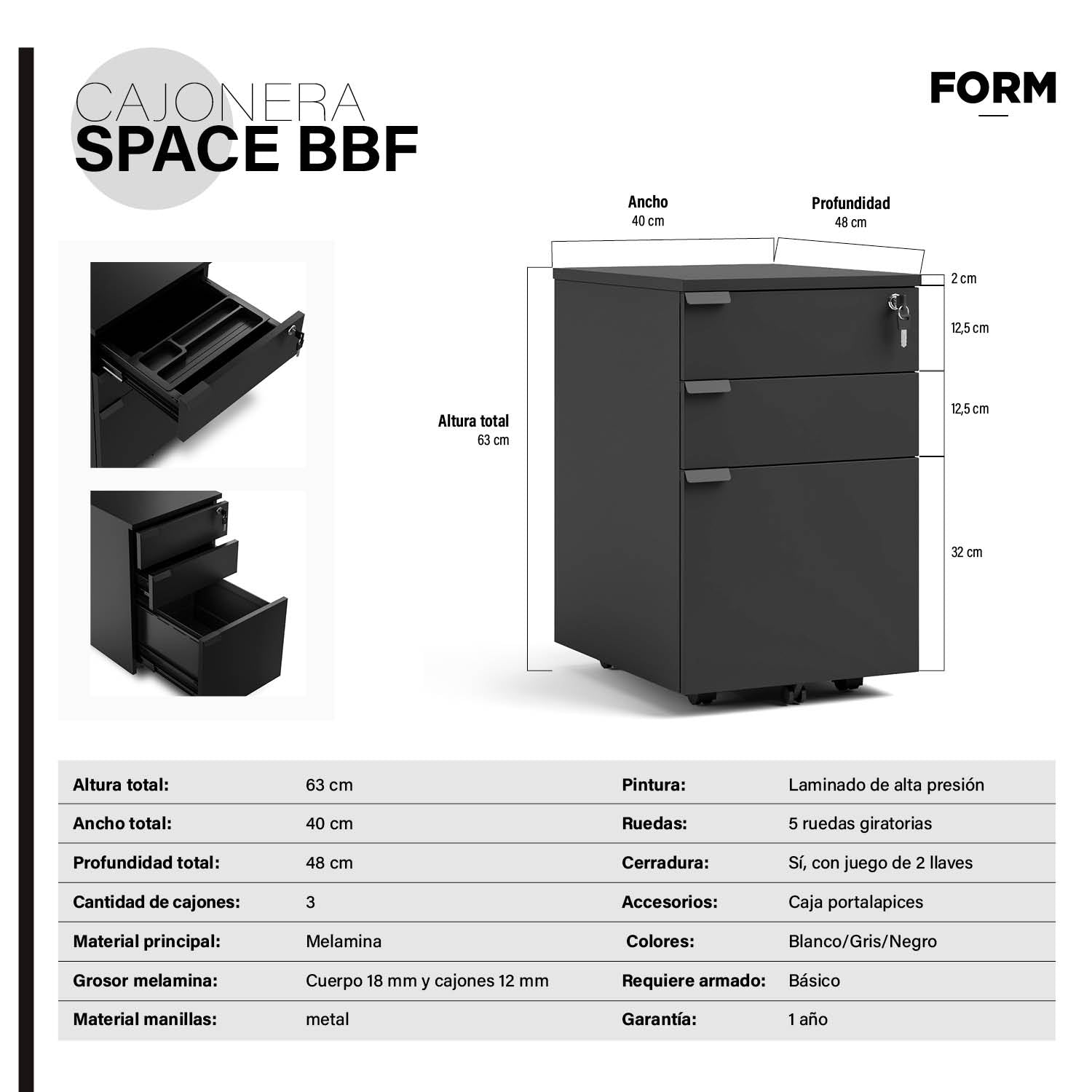Cajonera Melamina Space BBF Negro - Vontak - Cajoneras Oficinas