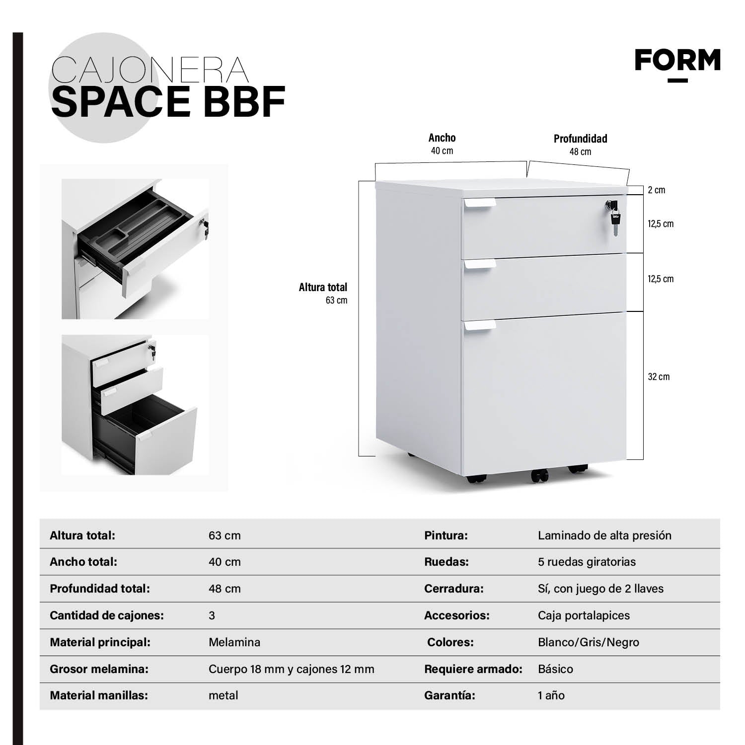 Cajonera Melamina Space BBF Blanco - Vontak - Cajoneras Oficinas