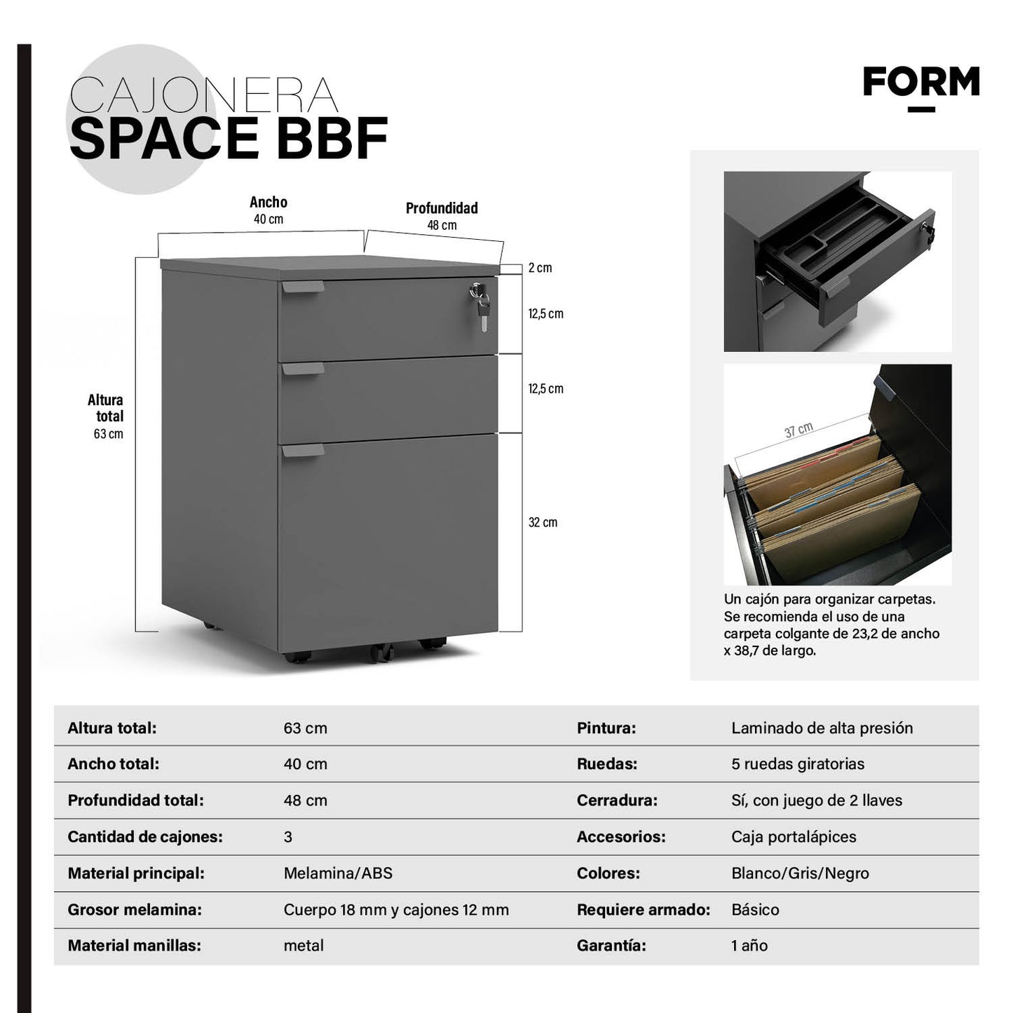 Cajonera Melamina Space BBF Gris