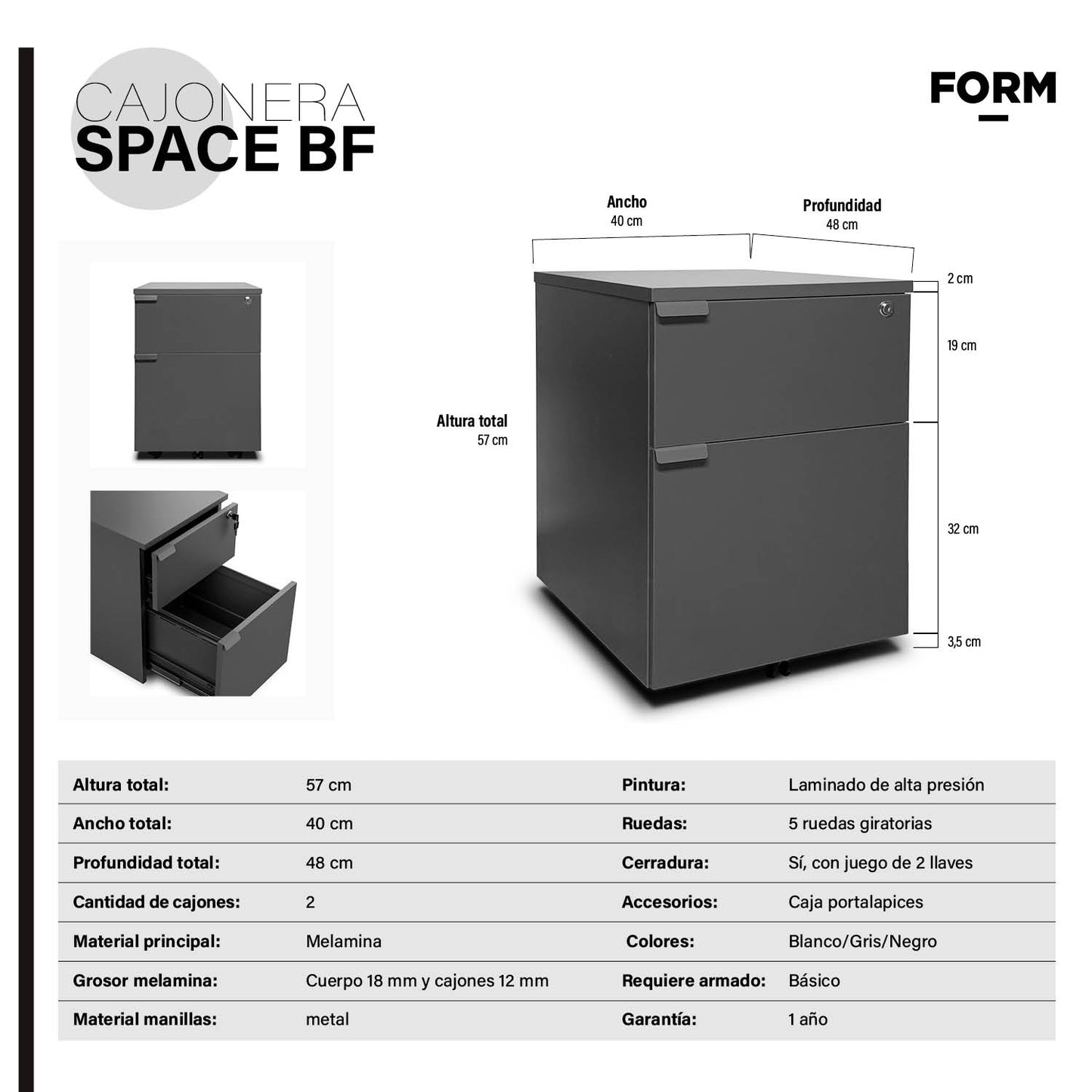 Cajonera Melamina Space BF Gris - Vontak - Cajoneras Oficinas