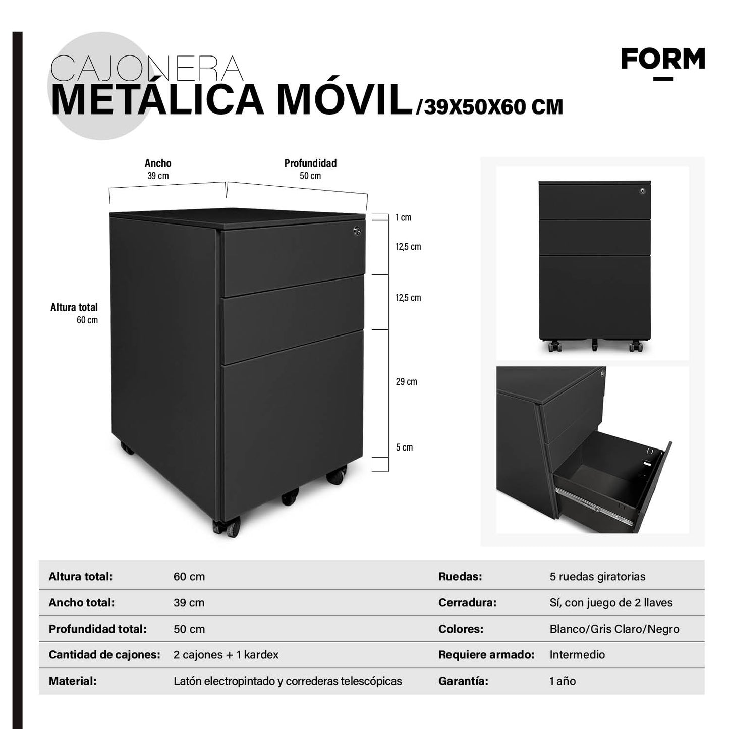 Cajonera Metálica Móvil 39x50x60 cm Negro