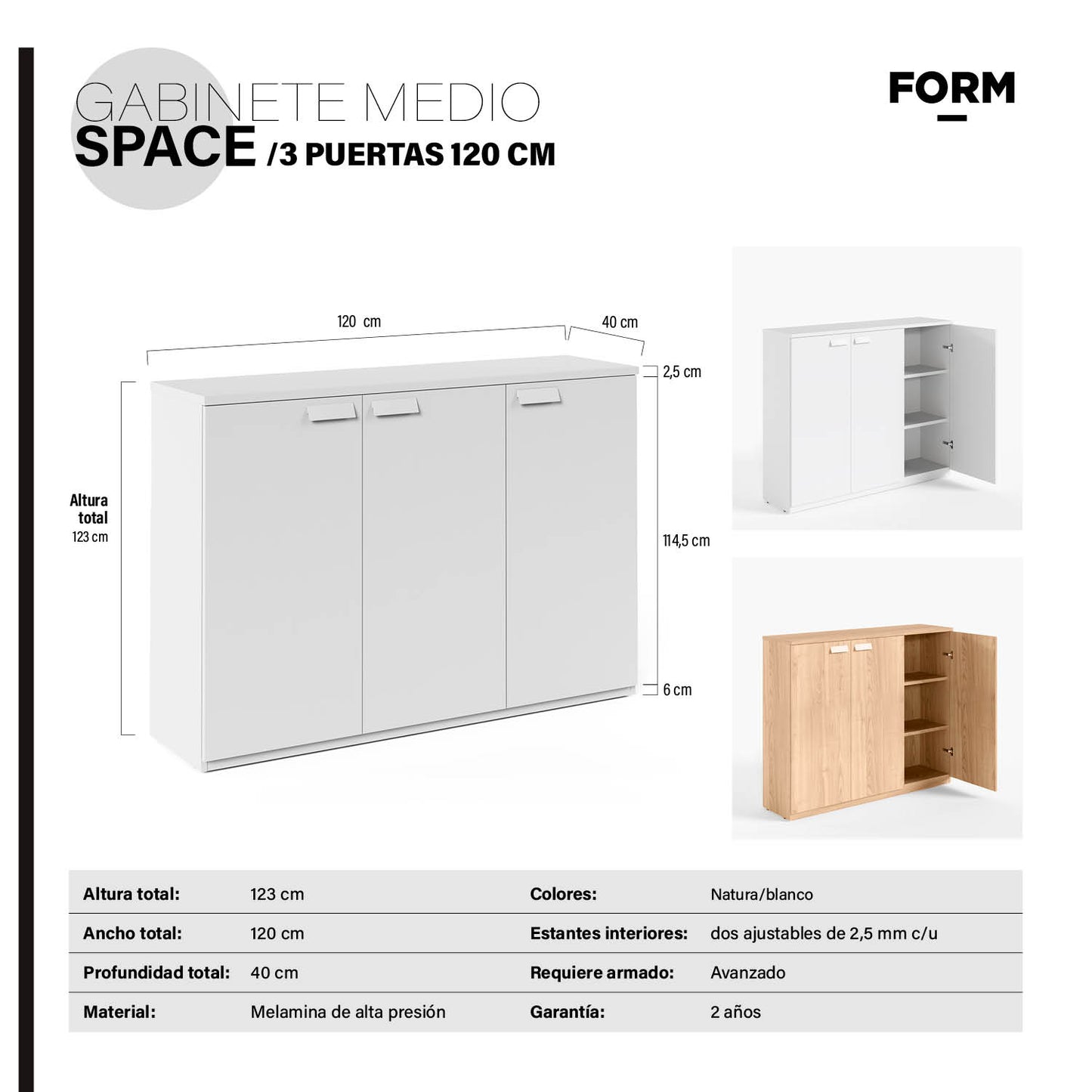 Gabinete Oficina Medio Space 3 puertas 120 Blanco