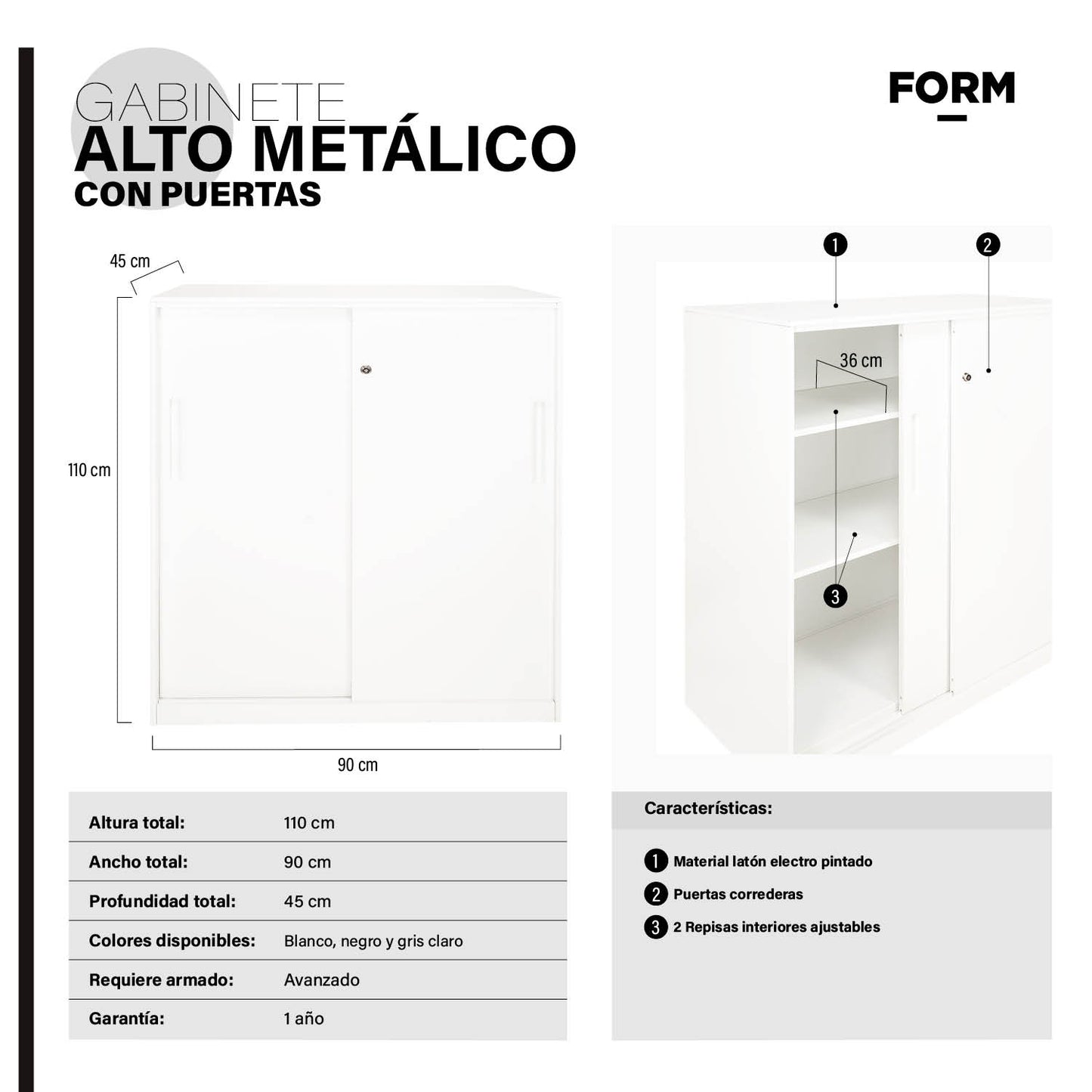 Gabinete Oficina Alto Metálico Con puertas Blanco