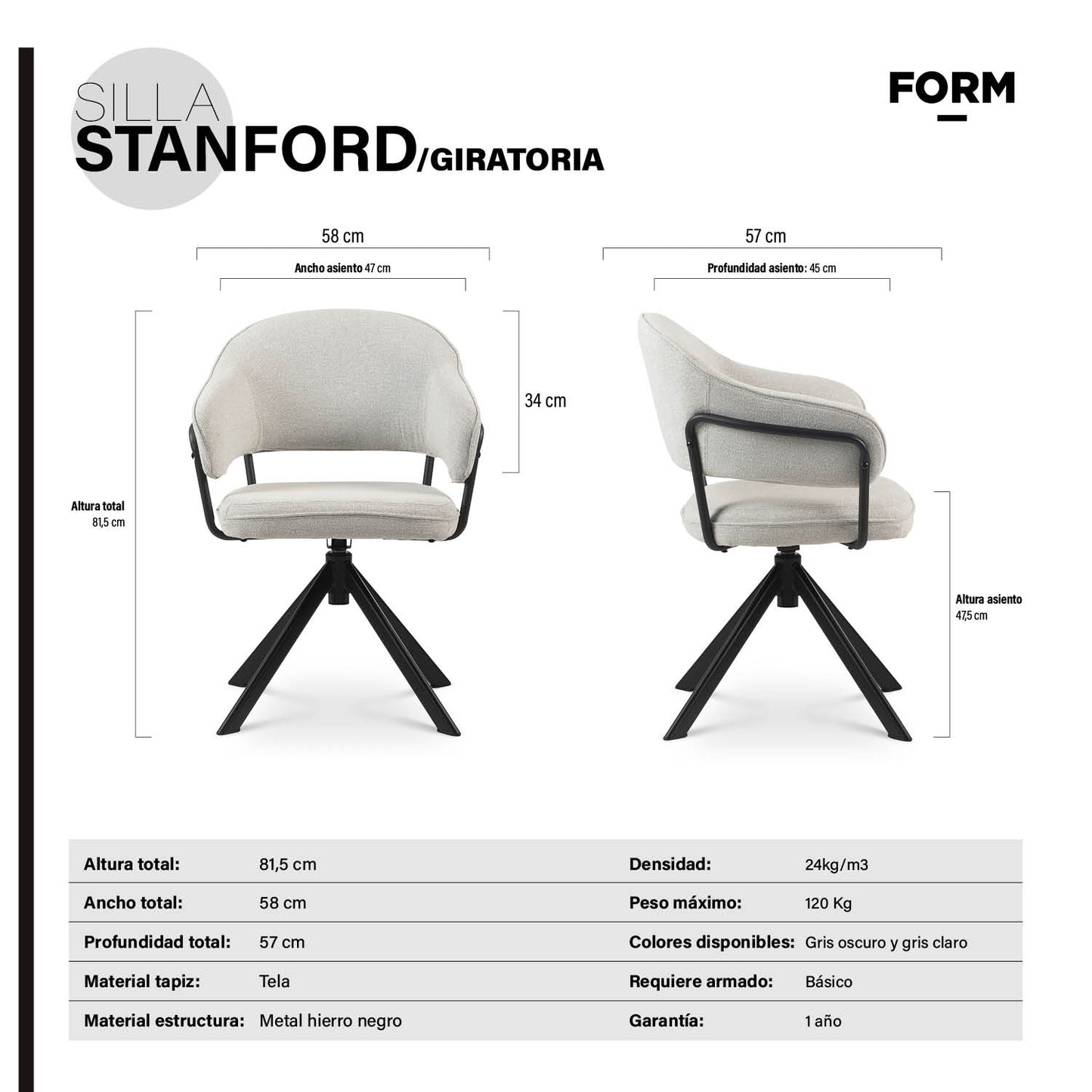 Silla Home Office Stanford Gris Claro Giratoria