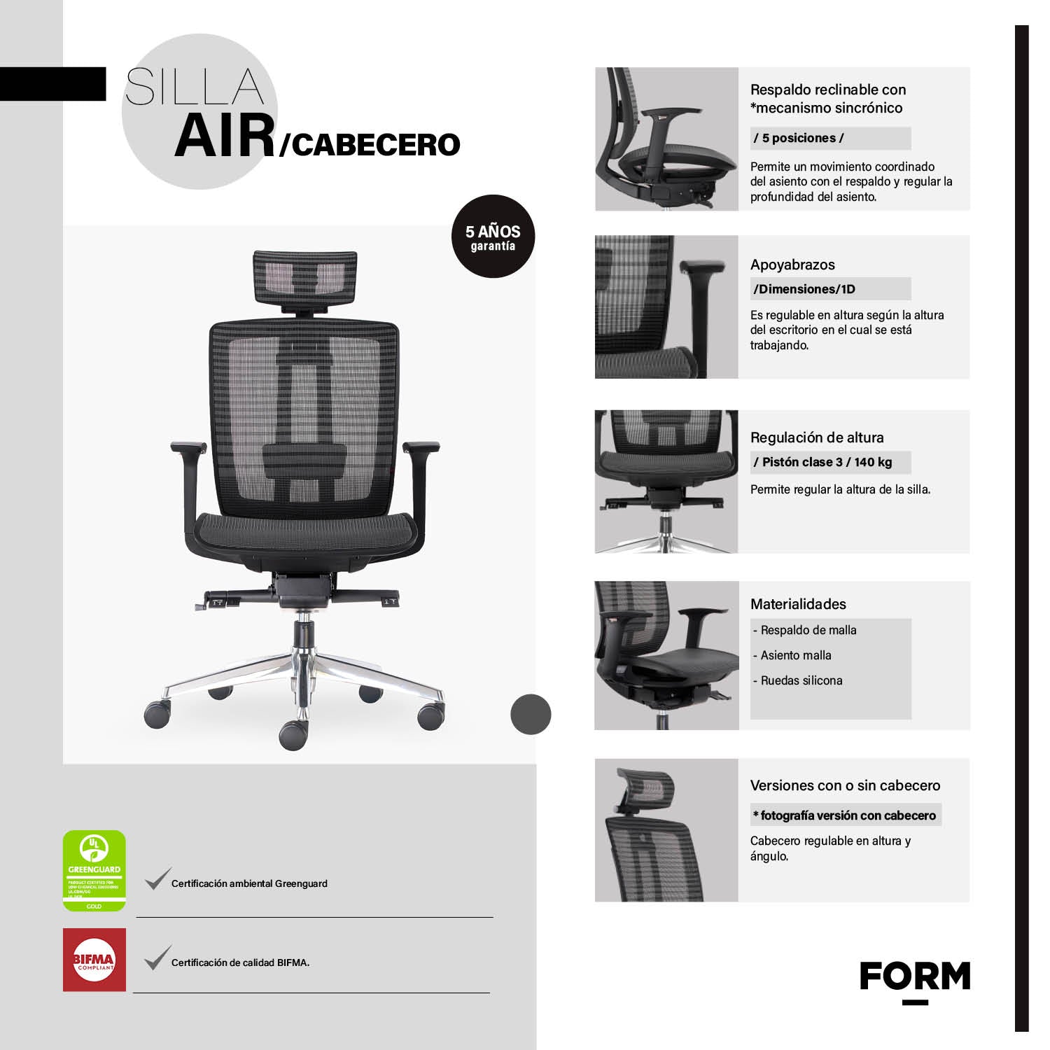 Silla Oficina Air con cabecero Gris Oscuro - Vontak - Sillas Ejecutivas