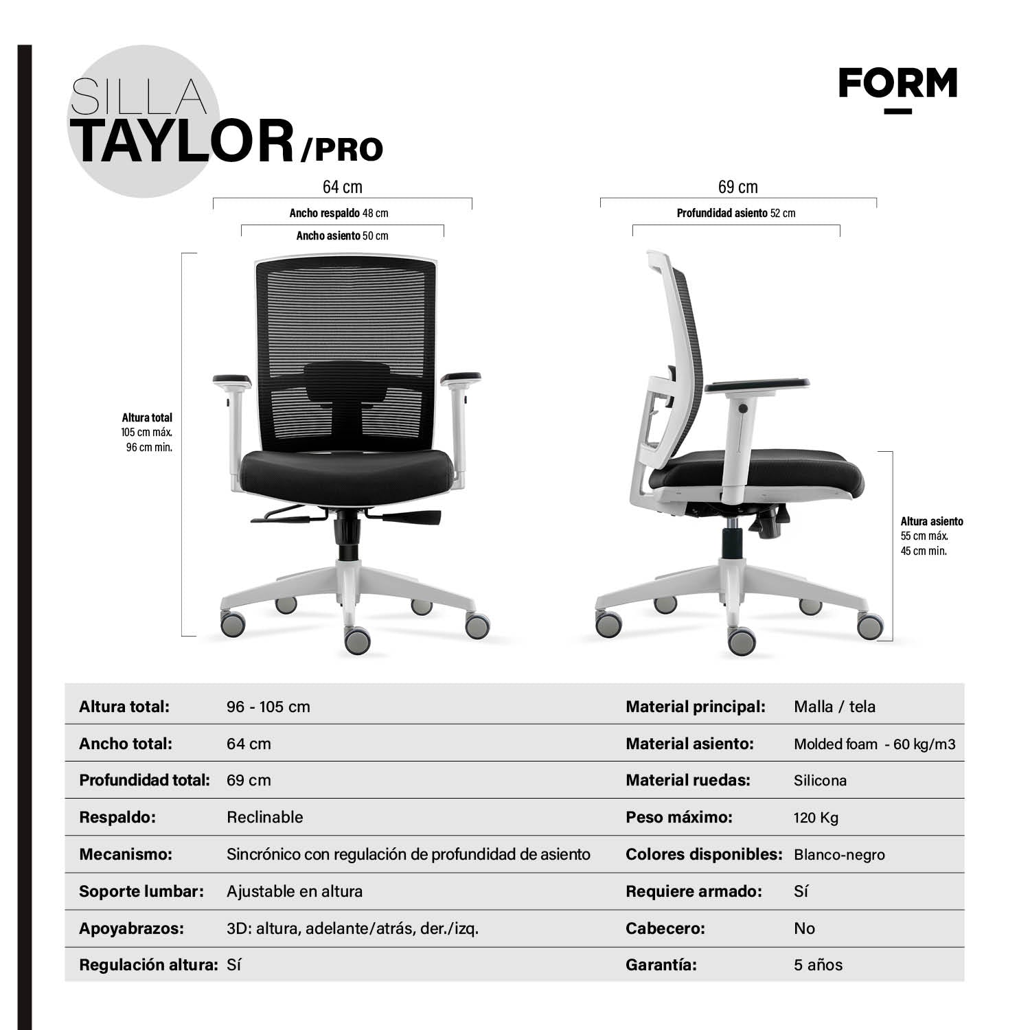 Silla Oficina Taylor Pro Negro/Blanco - Vontak - Sillas Ejecutivas