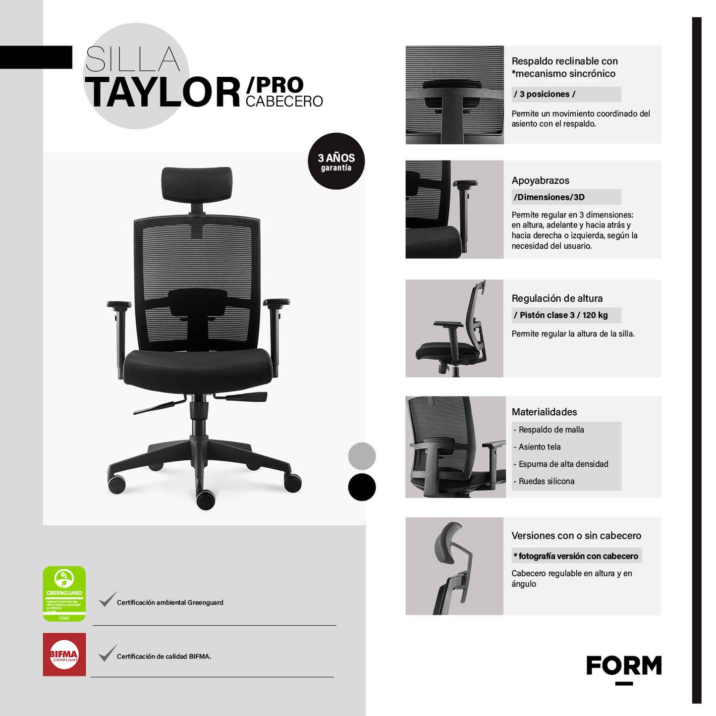 Silla Oficina Taylor Syncro Negro con cabecero