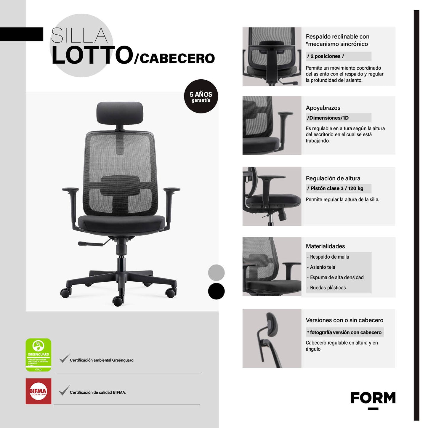 Silla Oficina Lotto con cabecero Negro - Vontak - Sillas Operativas