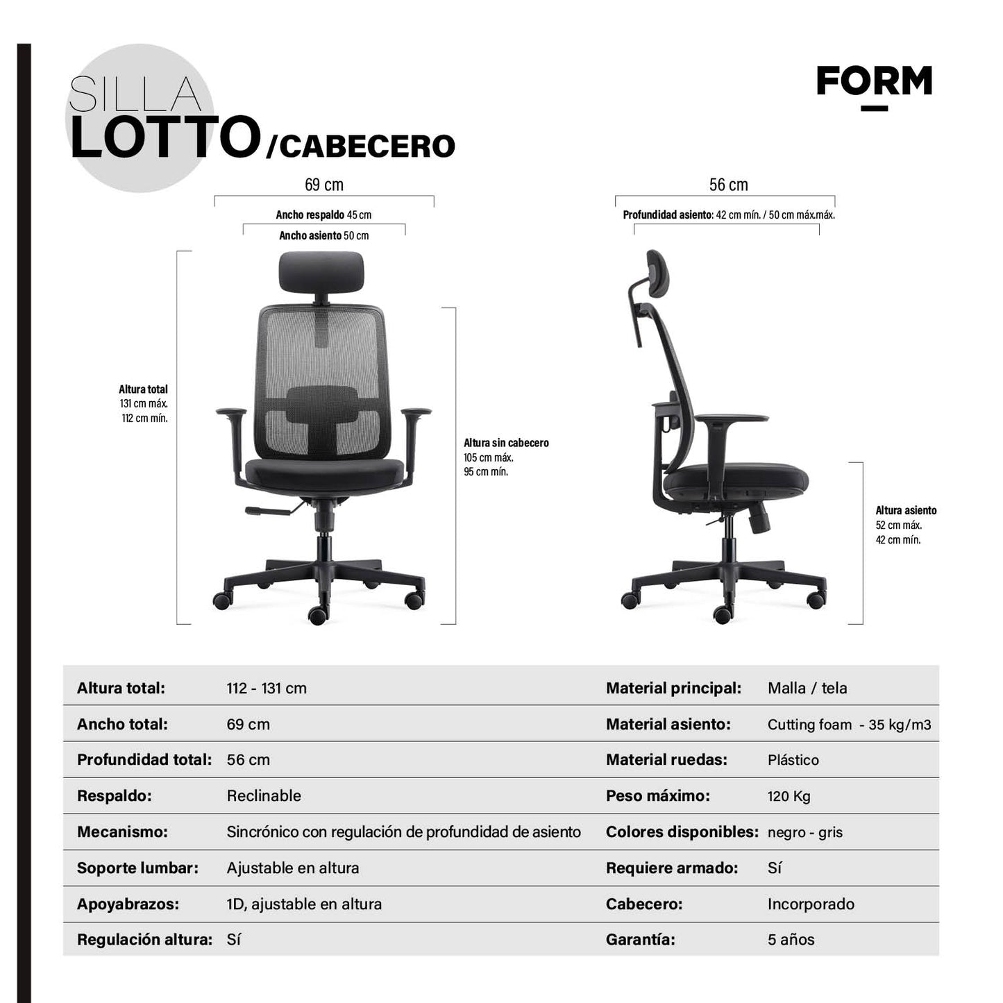 Silla Oficina Lotto con cabecero Negro - Vontak - Sillas Operativas