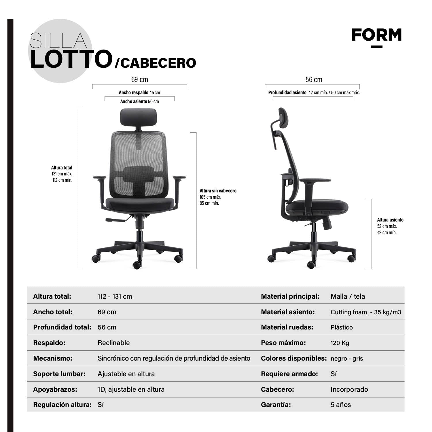 Silla Oficina Lotto con cabecero Negro - Vontak - Sillas Operativas