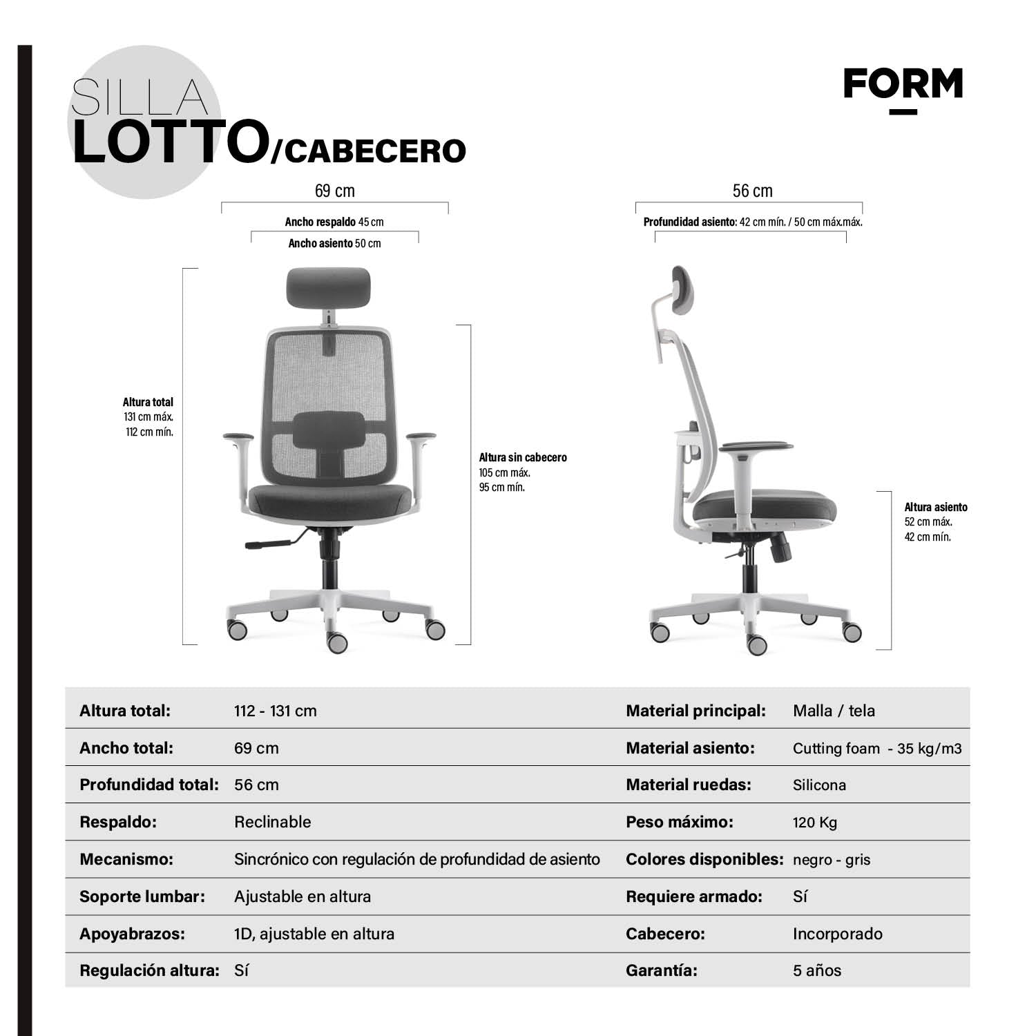 Silla Oficina Lotto con cabecero Gris Claro - Vontak - Sillas Operativas