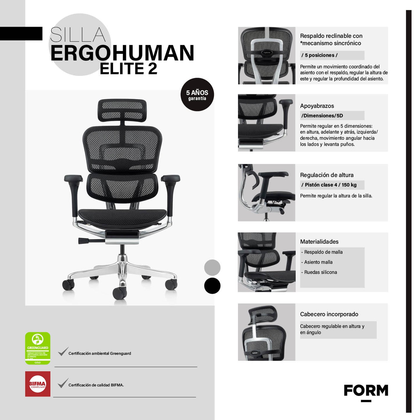Silla Ergohuman Elite 2 Negro c/cabecero