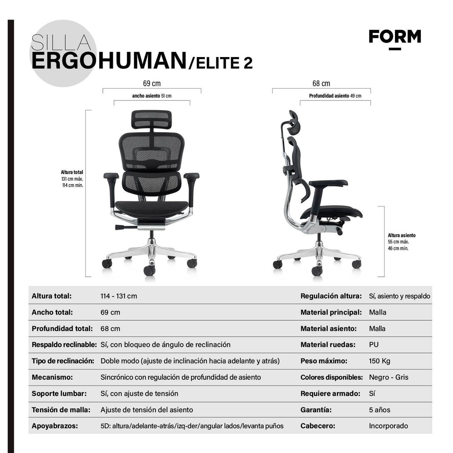 Silla Ergohuman Elite 2 Negro c/cabecero