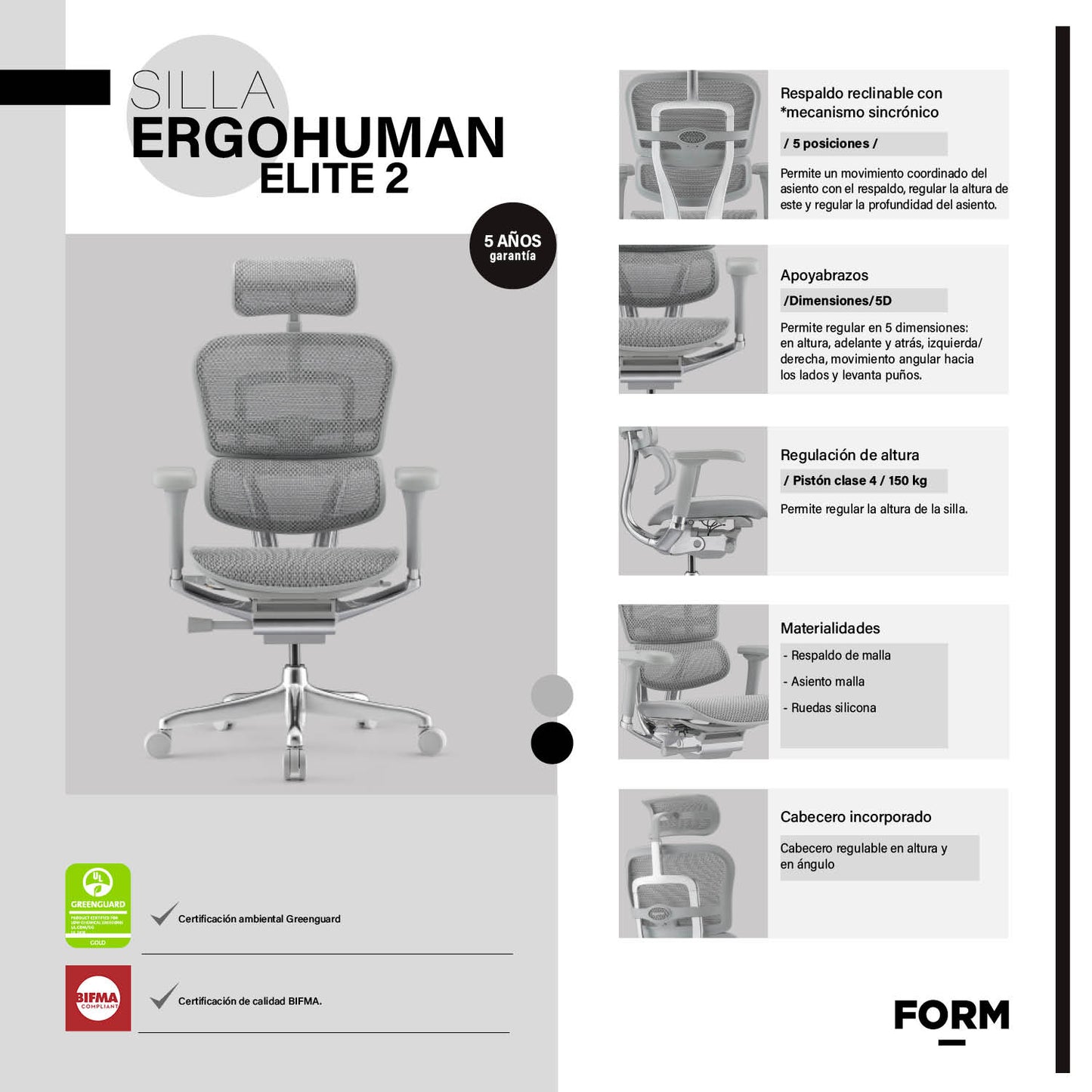 Silla Ergohuman Elite 2 Gris Claro c/cabecero