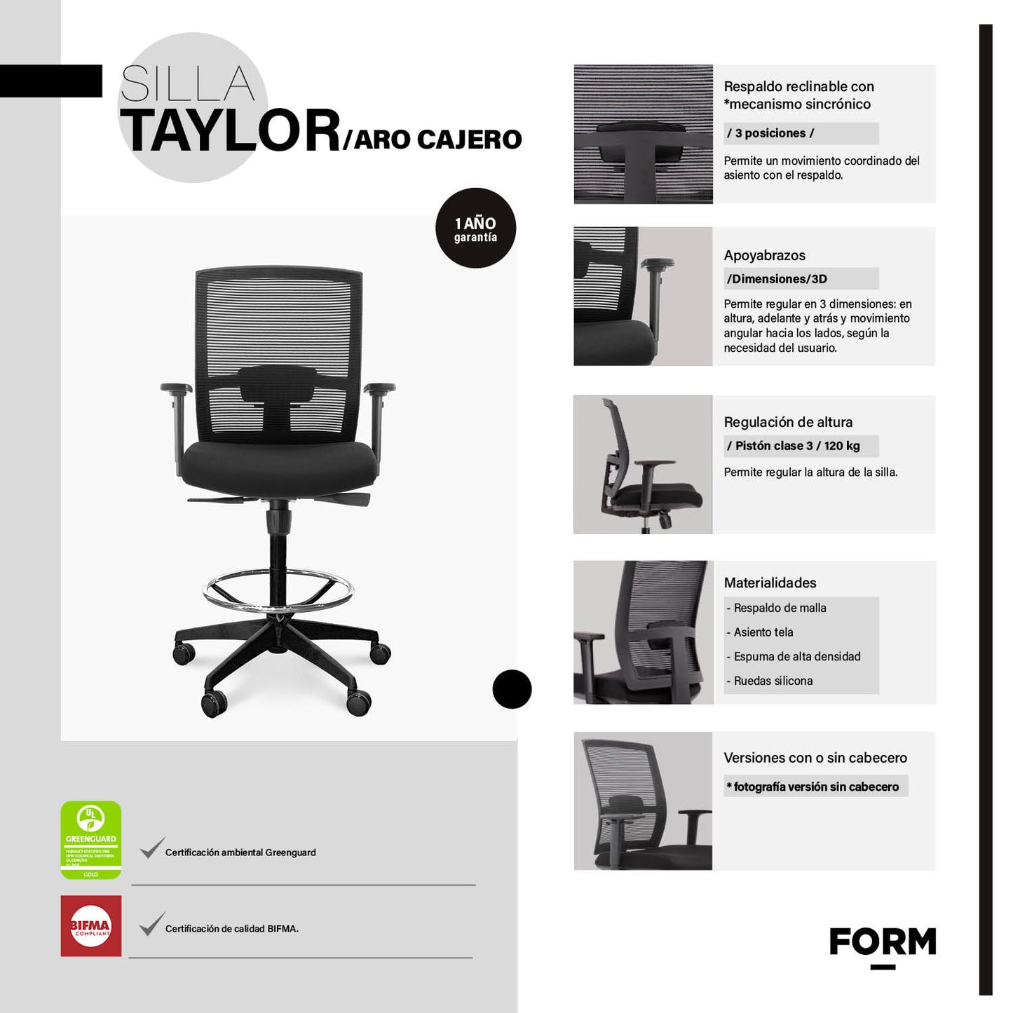 Silla Oficina Taylor con Aro Cajero Negro