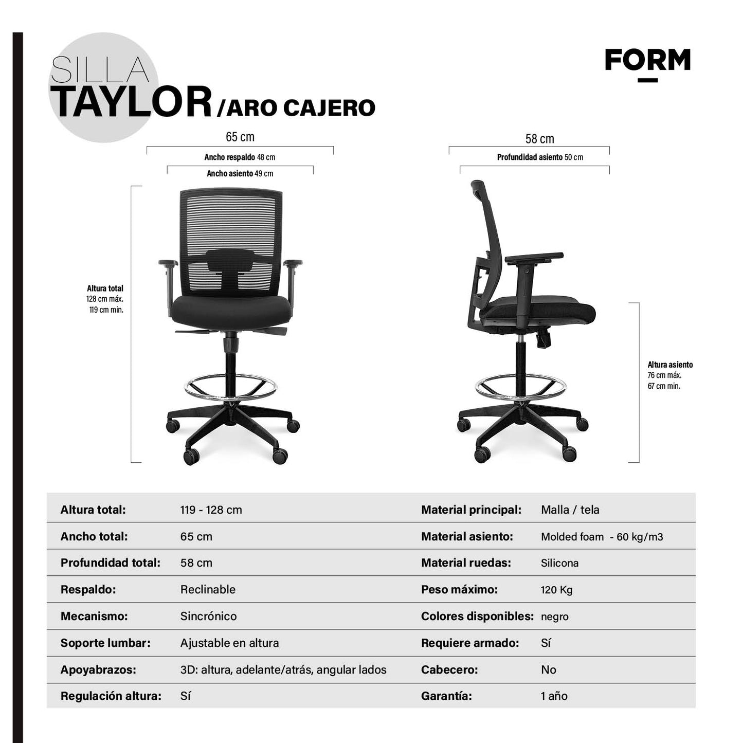 Silla Oficina Taylor con Aro Cajero Negro