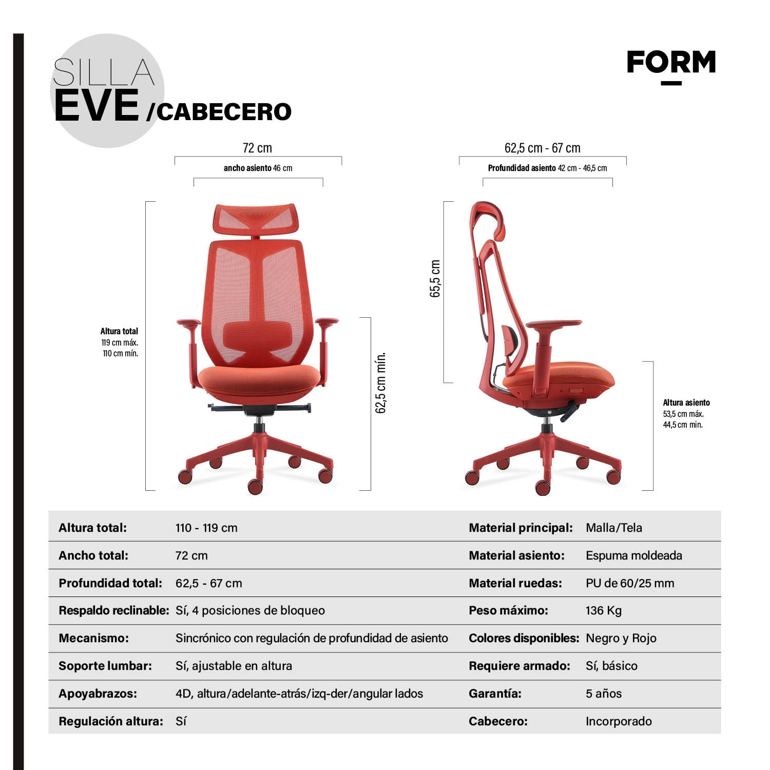 Silla Oficina Eve con cabecero Rojo - Vontak - Sillas Ejecutivas