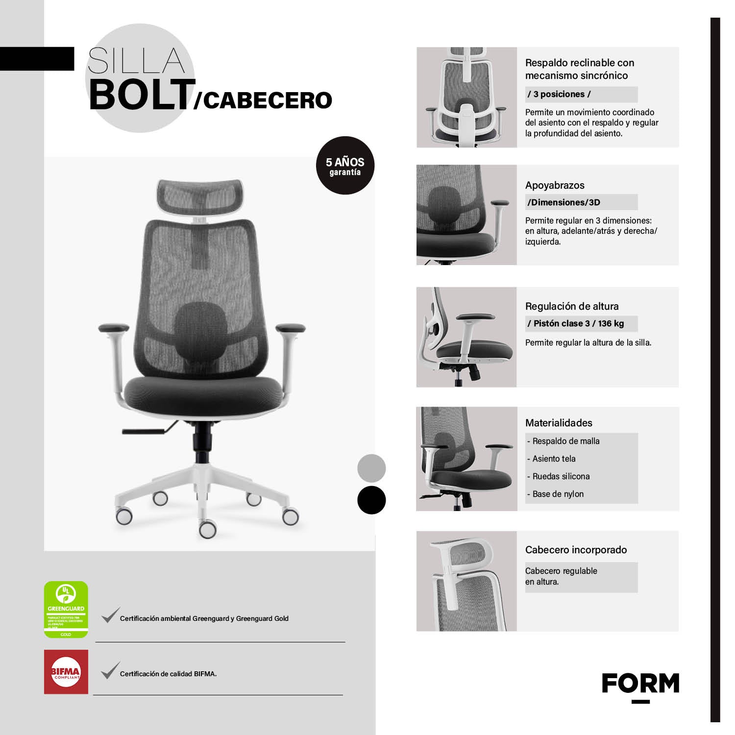 Silla Oficina Bolt Gris Claro con cabecero - Vontak - Sillas Ejecutivas