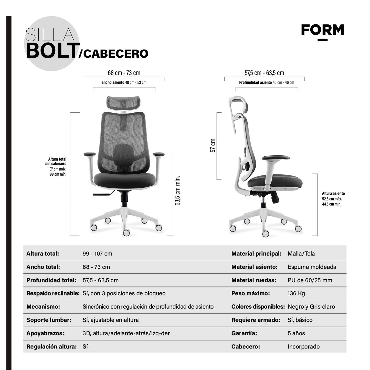 Silla Oficina Bolt Gris Claro con cabecero - Vontak - Sillas Ejecutivas