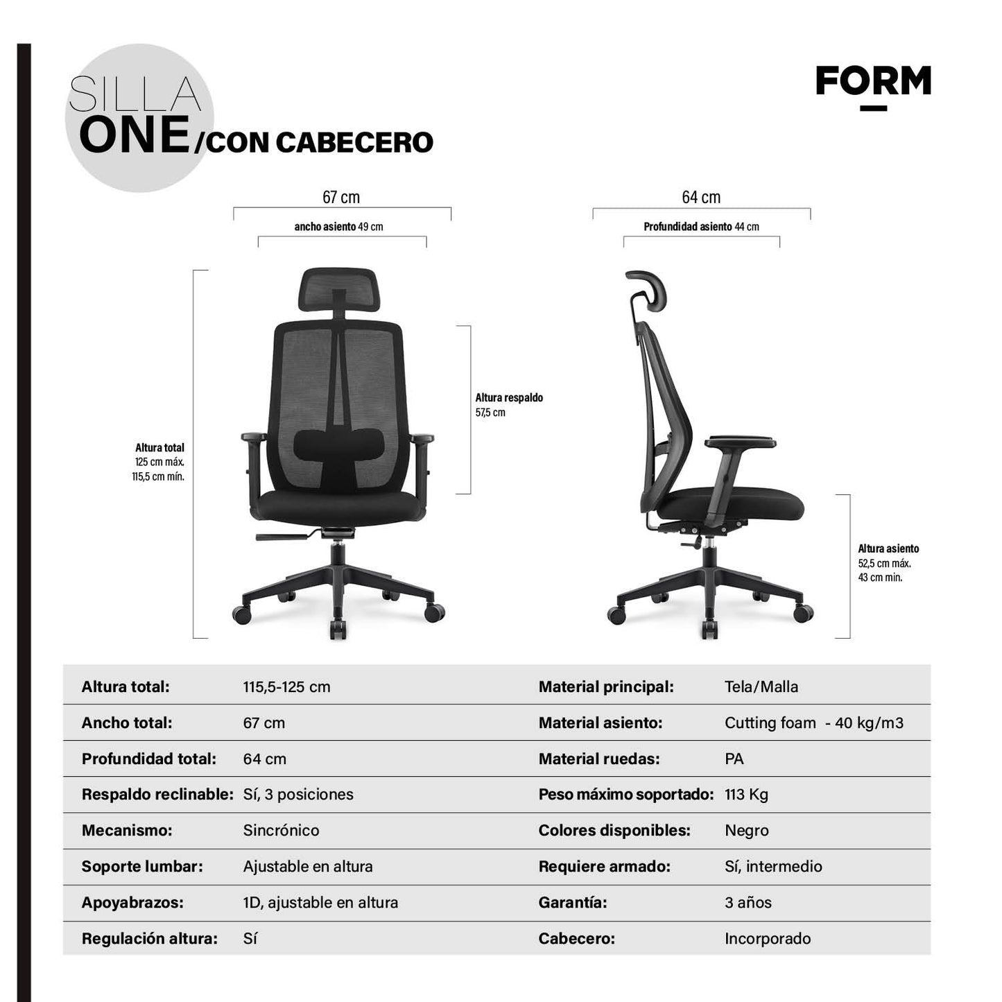 Silla Oficina One con cabecero Negro