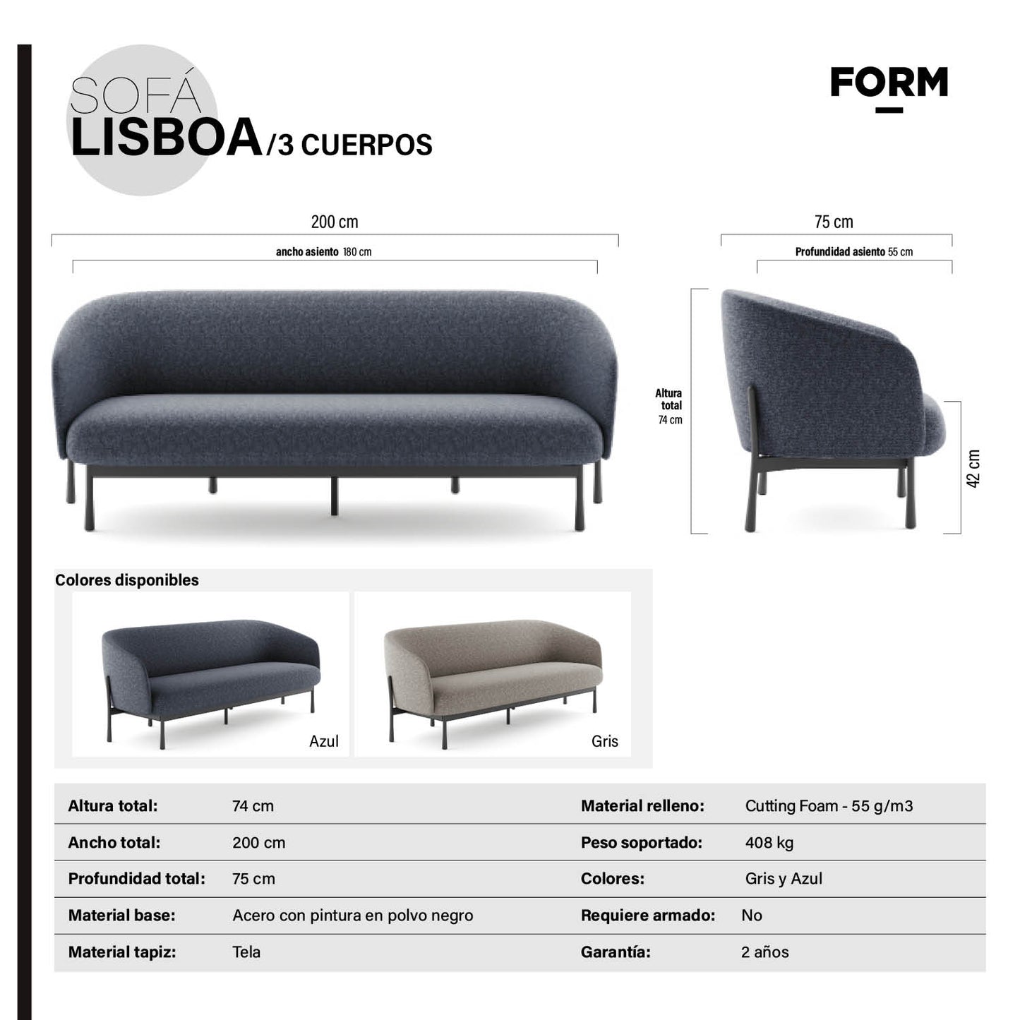 Sofá 3 Cuerpos Lisboa Azul